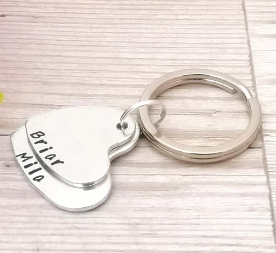 Personalised Two Stacked Heart Keyring - Name Keychain - Gift For Mum Of Twins