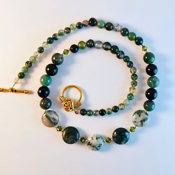 Moss Agate Necklace With Green Swarovski Crystals - Handmade In Devon