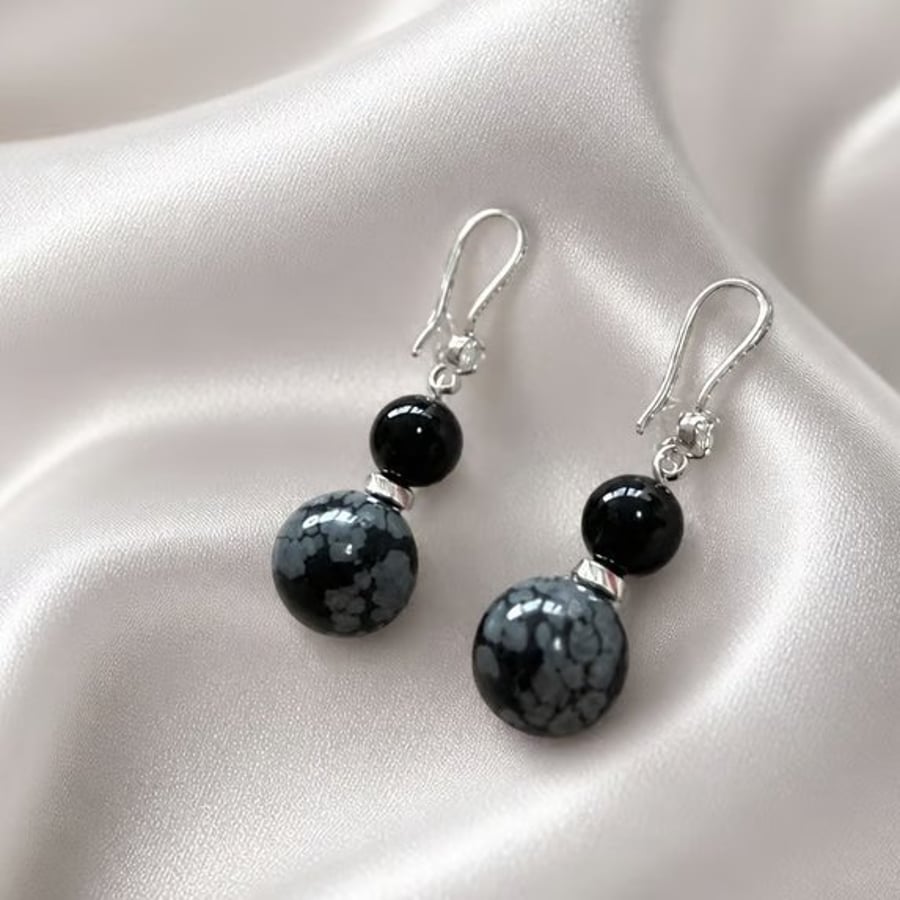 Handmade Snowflake Obsidian Sterling Silver CZ Drop Earrings UK