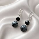 Handmade Snowflake Obsidian Sterling Silver CZ Drop Earrings UK