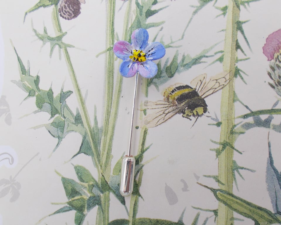 TINY Blue FORGET-ME-NOT PIN Wedding Corsage Masonic Lapel Flower HAND PAINTED