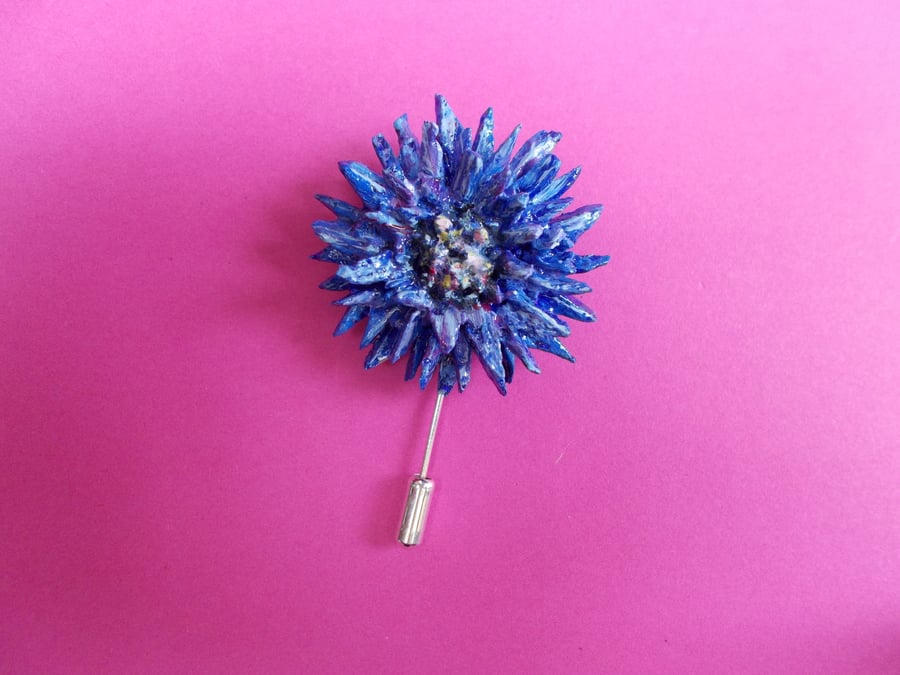 CORNFLOWER PIN 3D Blue Wedding Lapel Flower Brooch Corsage HANDMADE HAND PAINTED