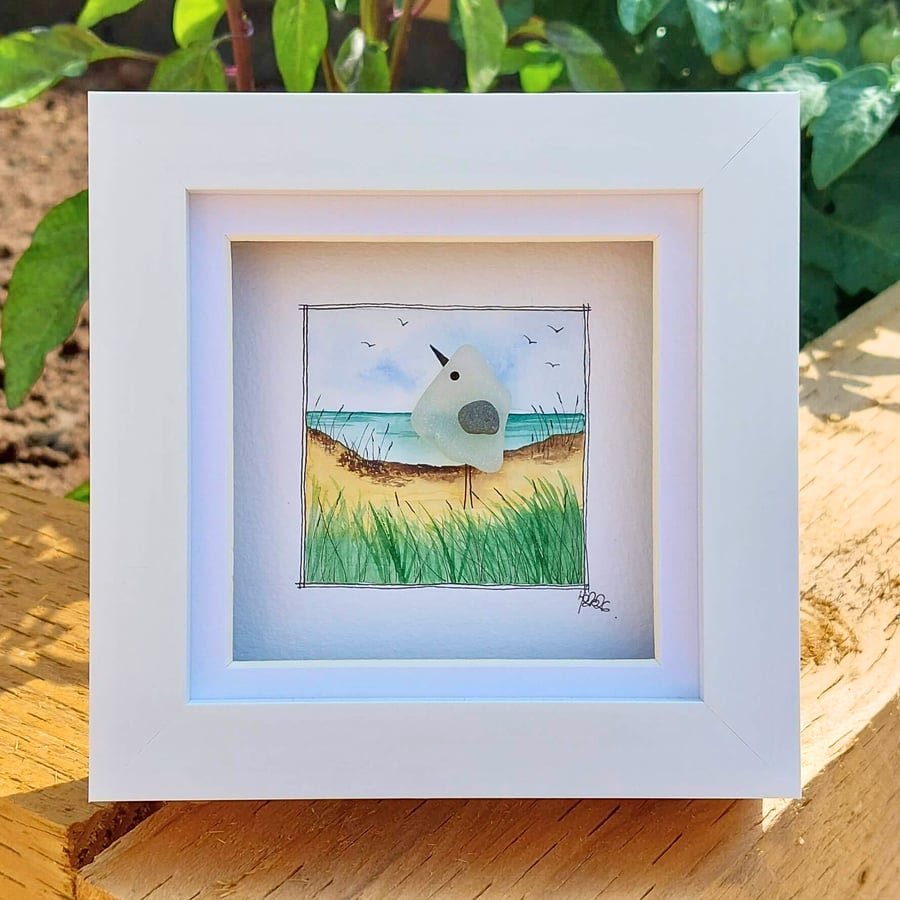 Sea Glass Seagull Desk Art, Mini Coastal Watercolour Picture, Unique Beach Gift