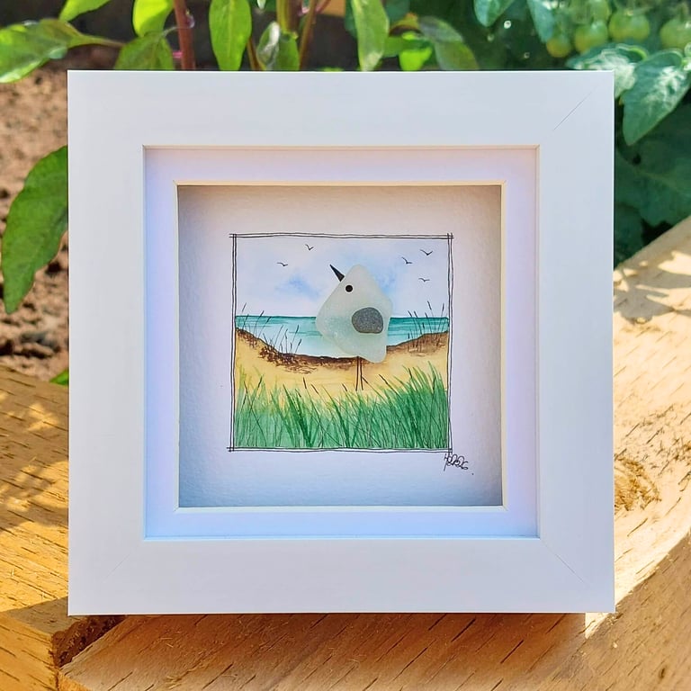 Sea Glass Seagull Desk Art, Mini Coastal Watercolour Picture, Unique Beach Gift