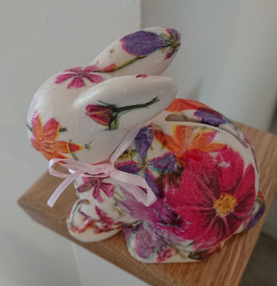  Floral Bunny Ornament, Coin Bank, ceramic