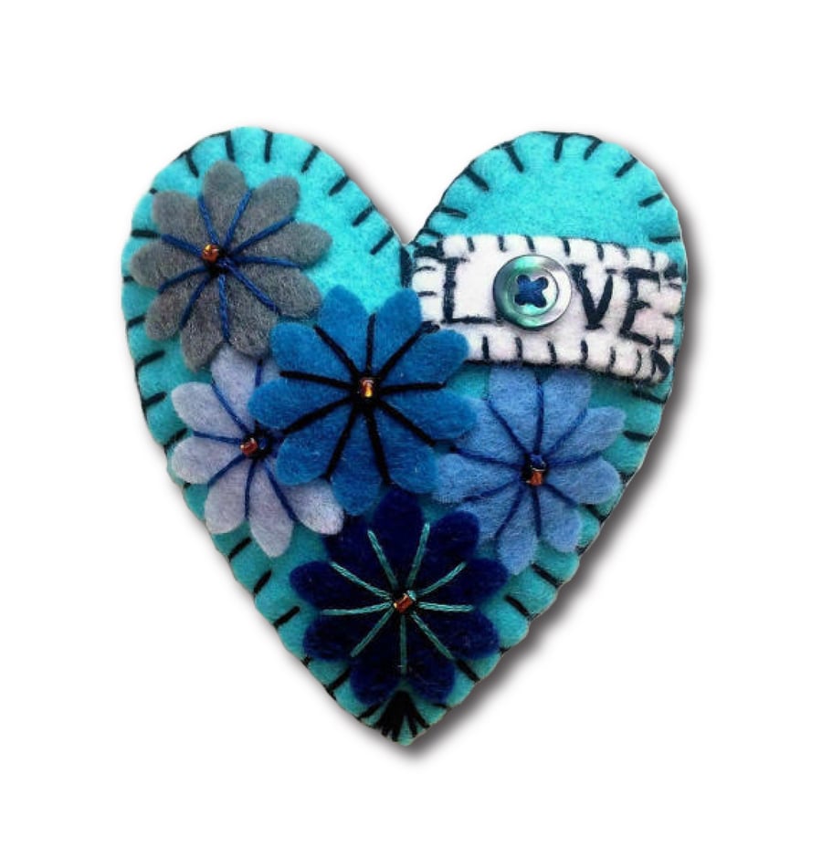 Turquoise or Hot Red LOVE Heart Shape Handmade Felt Brooch For Your Loved One 