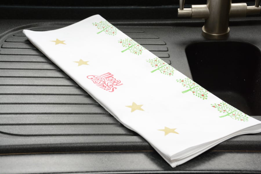 Christmas Tea Towel Hand Block Printed Tea Towel - Christmas Trees