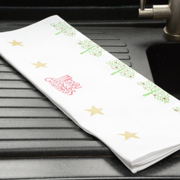Christmas Tea Towel Hand Block Printed Tea Towel - Christmas Trees