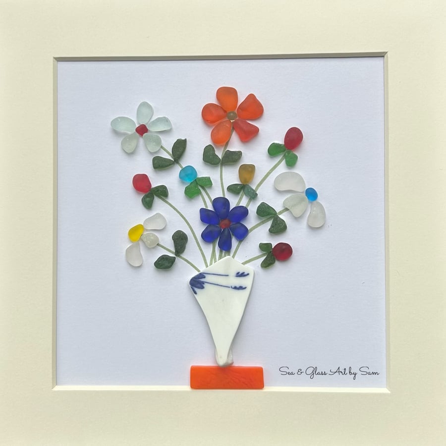 Handmade Sea Glass Floral Picture - Framed 8x8 Multi-Color Pottery Shard Vase Ar