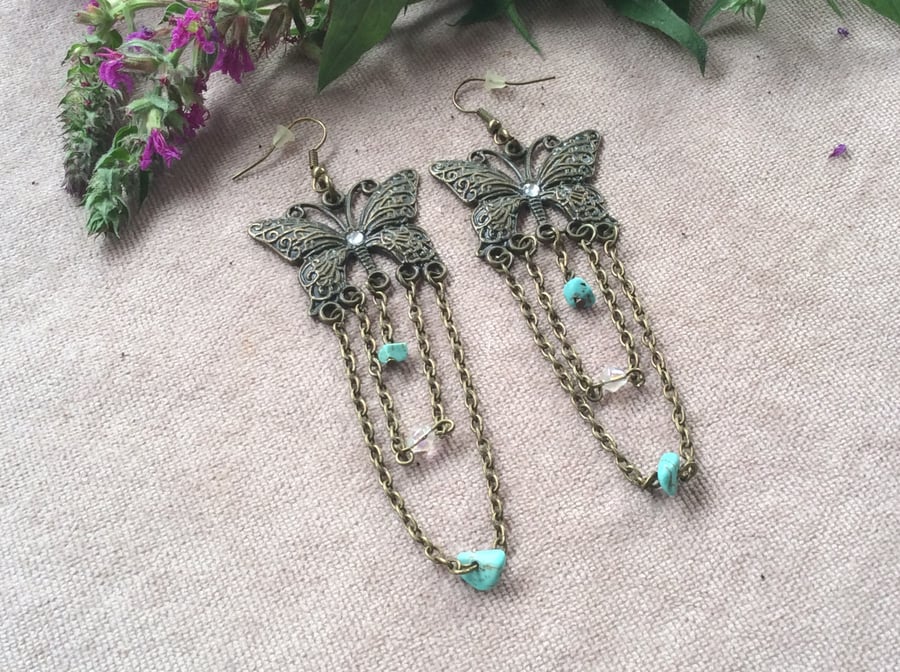 Vintage Style Butterfly Earrings Bronze and Turquoise FREE POST