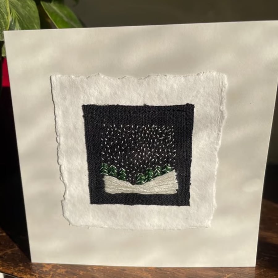 Winter snow scene, hand embroidered keepsake Christmas card. Mini embroidery art