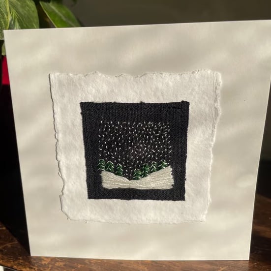 Winter snow scene, hand embroidered keepsake Christmas card. Mini embroidery art
