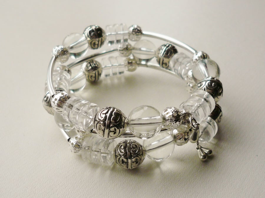 Clear Glass Silver Bead Memory Wire Wrap Around Bracelet   KCJ978