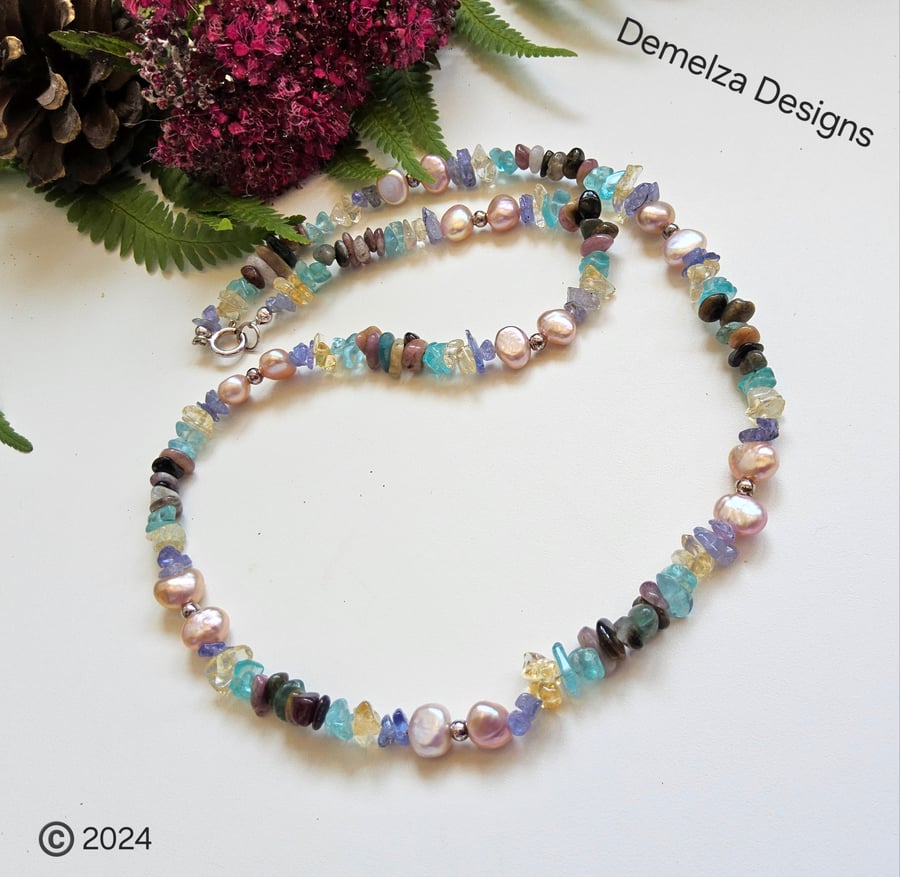Multi Gemstine Tanzanite, Freshwater Pearl & Apatite Sterling Silver Necklace