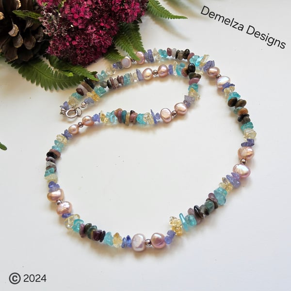 Multi Gemstine Tanzanite, Freshwater Pearl & Apatite Sterling Silver Necklace