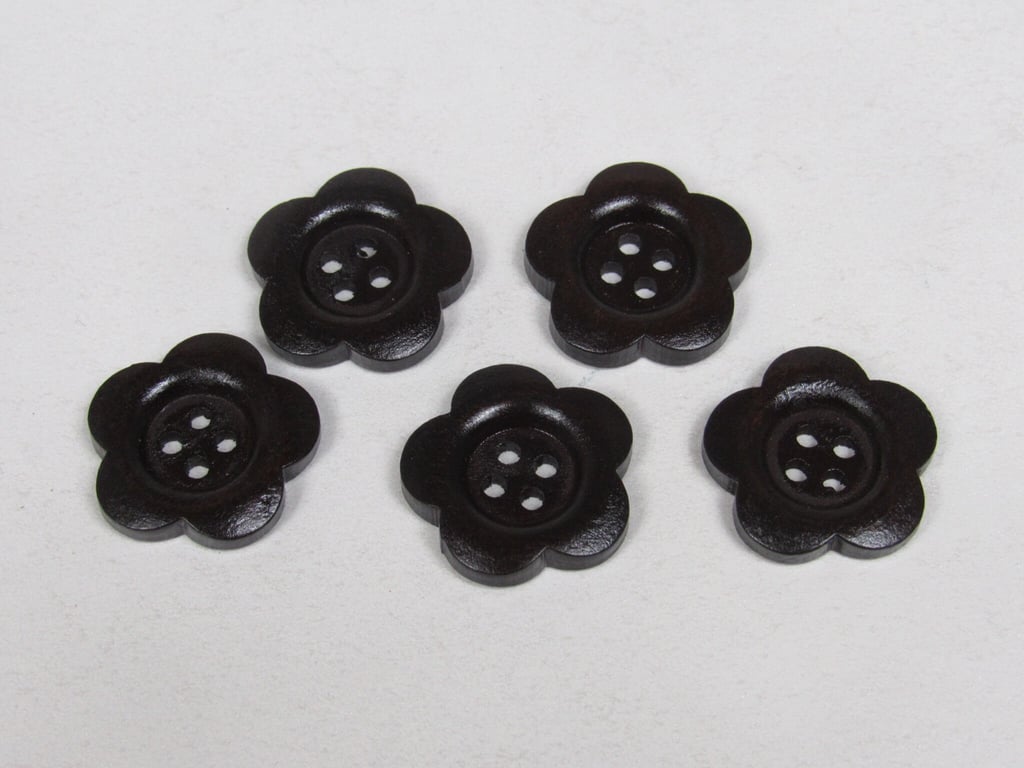 5 Medium 25mm Dark Wood Flower Buttons