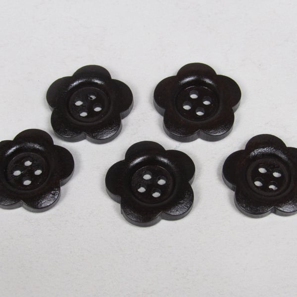 5 Medium 25mm Dark Wood Flower Buttons