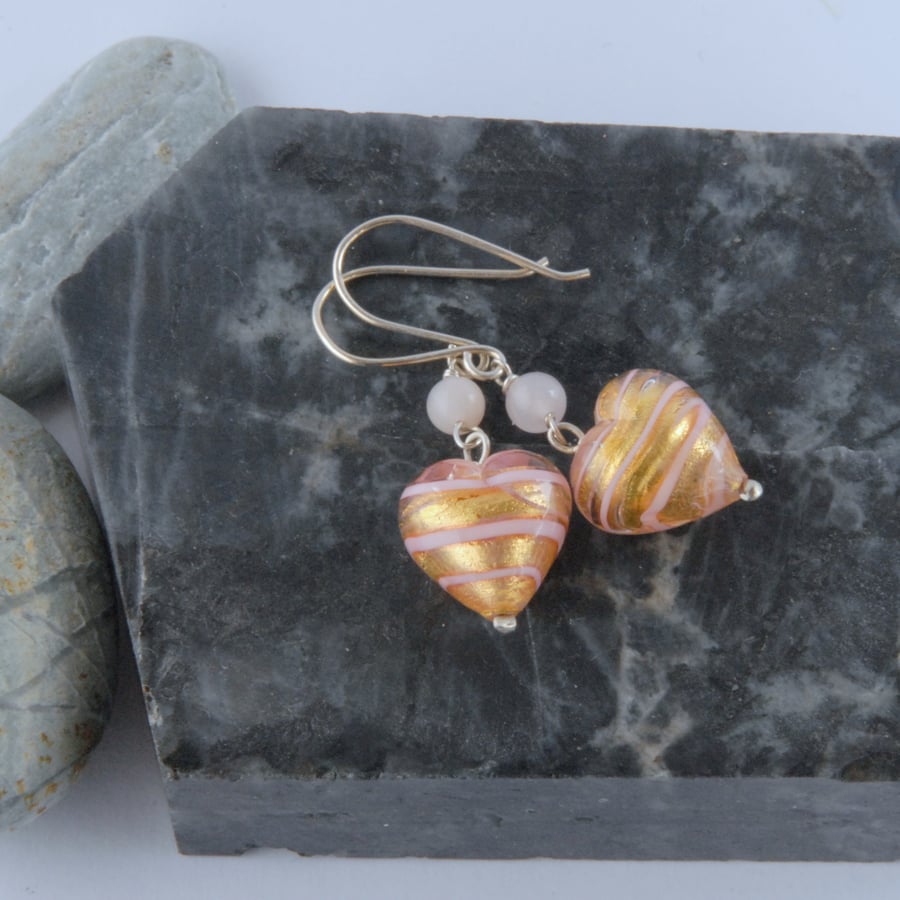 Gold and pink murano glass heart earrings
