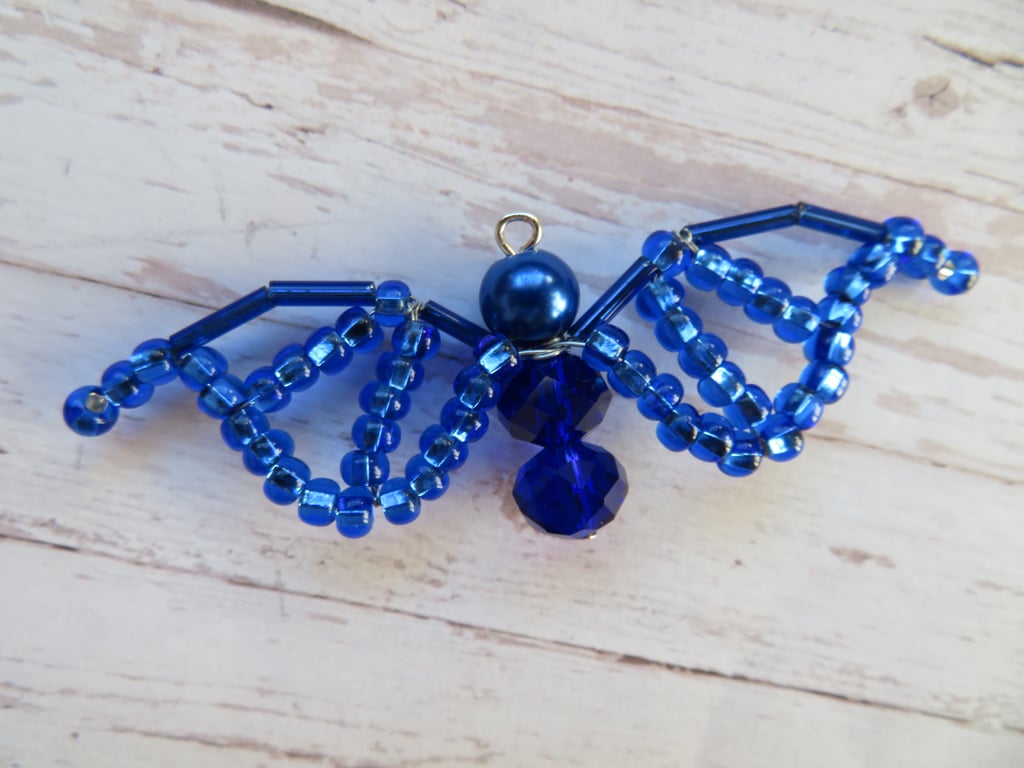 Cobalt Sapphire Blue Beaded Crystal Bat Gift Costume Embellishment Halloween