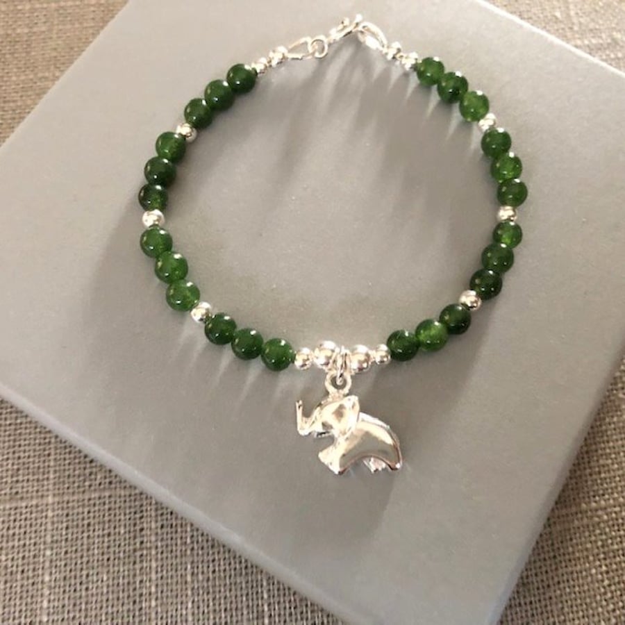 Jade Elephant Charm Bracelet Sterling Silver Bead Bracelet