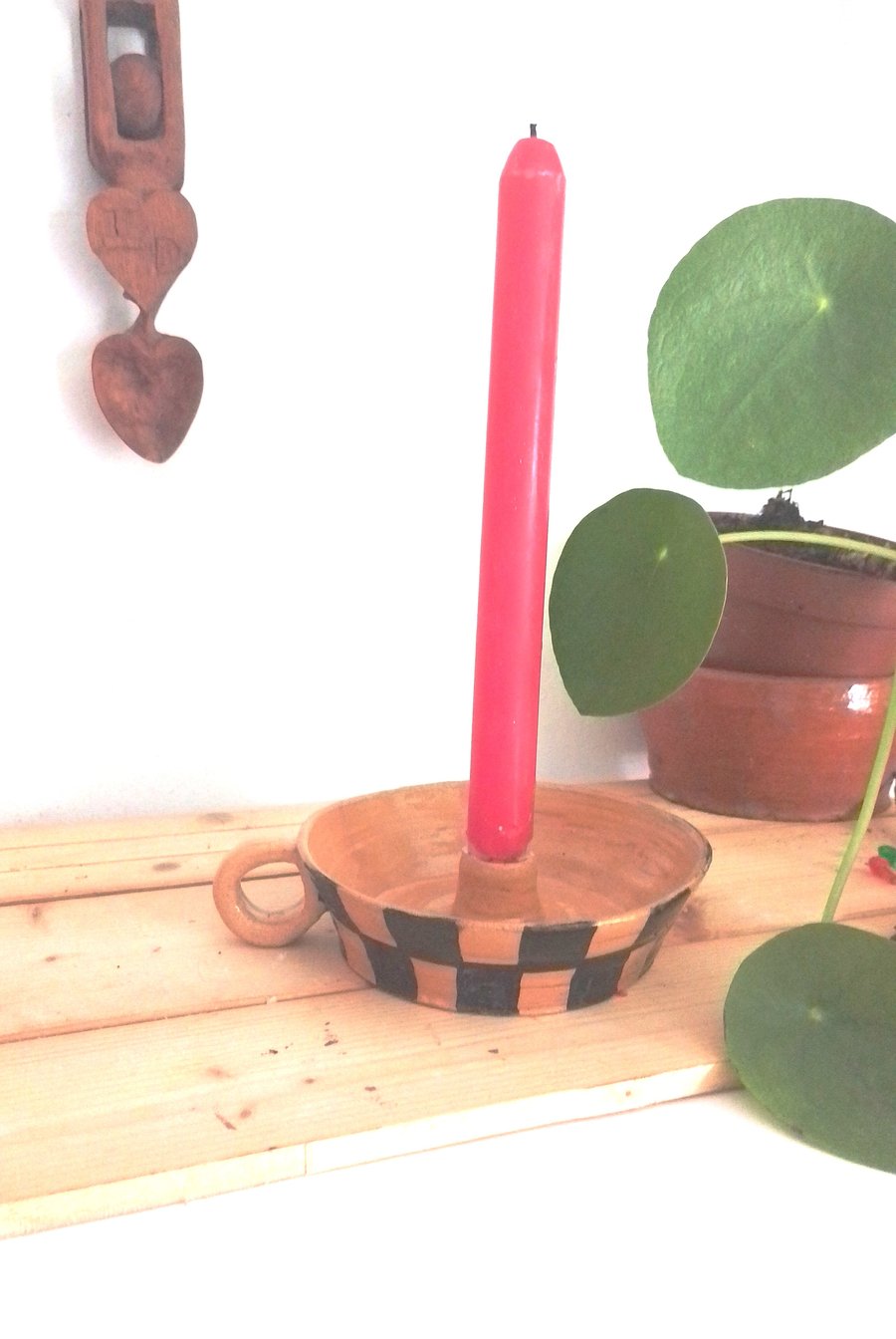 Chequered ceramic candleholder with handle, pottery black  check candleholder 