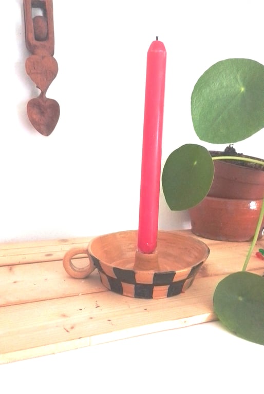 Chequered ceramic candleholder with handle, pottery black  check candleholder 