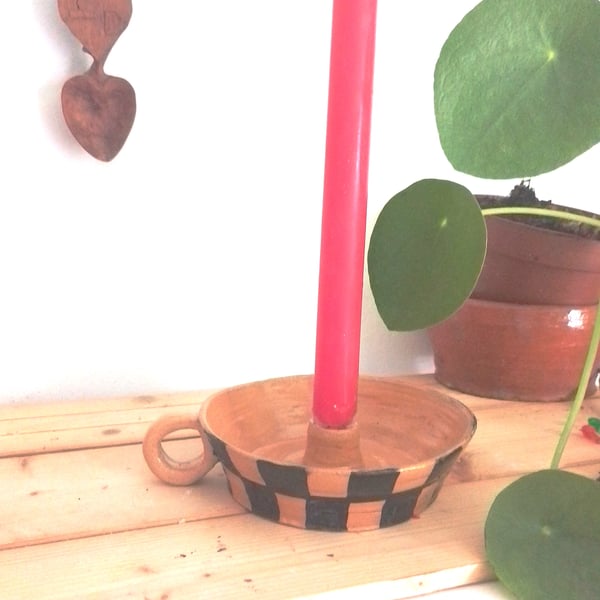 Chequered ceramic candleholder with handle, pottery black  check candleholder 