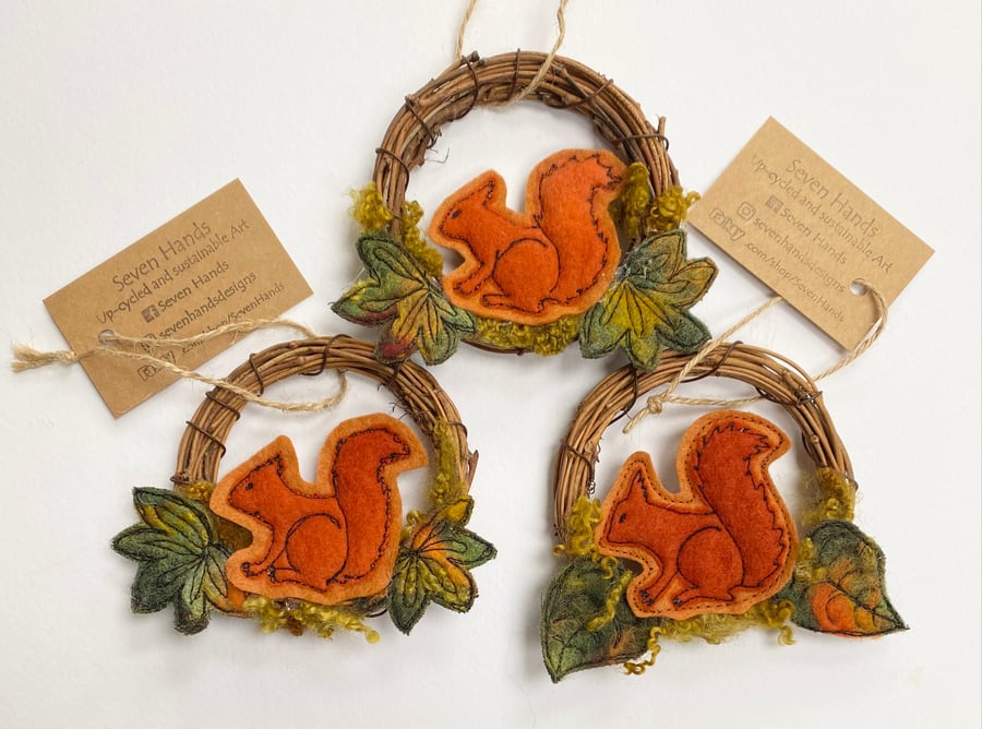 Red squirrel and leaf wreath Christmas home decoration. 