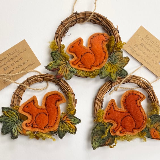 Red squirrel and leaf wreath Christmas home decoration. 