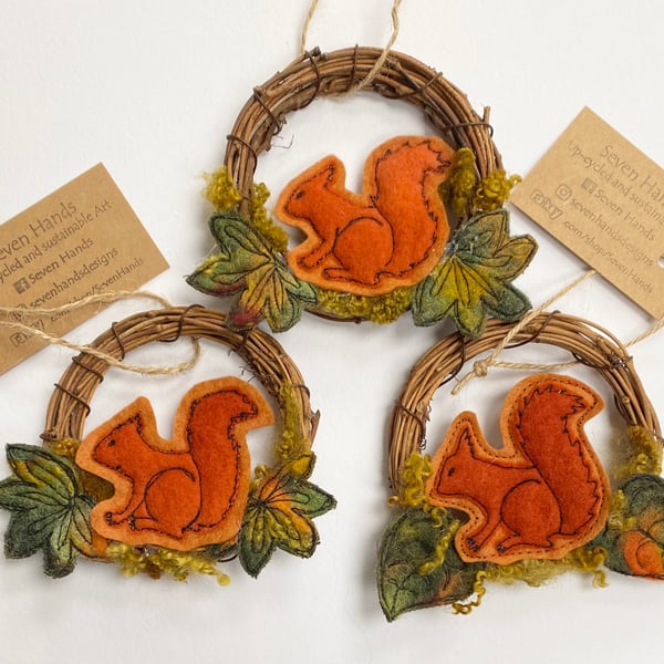 Red squirrel and leaf wreath Christmas home decoration. 