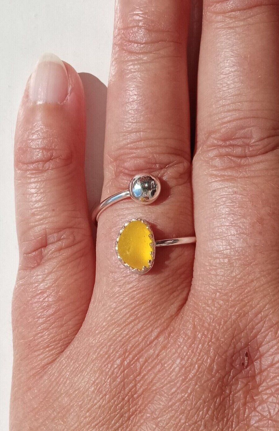 Recycled Sterling Silver & Rare Bright Yellow Seaglass Adjustable Ring in Box