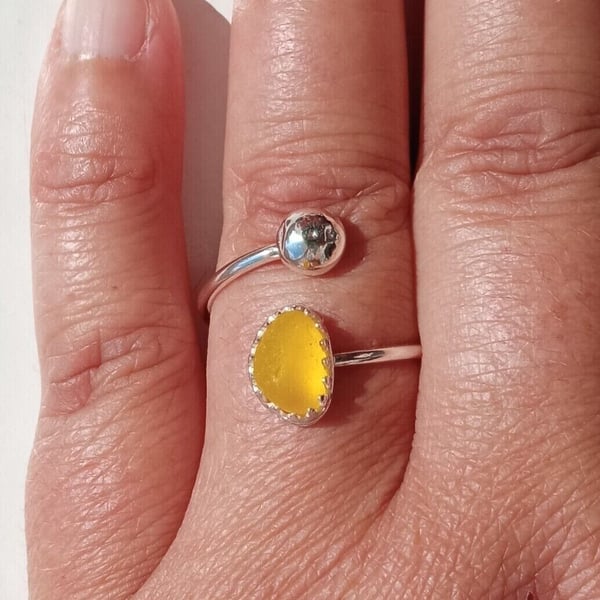 Recycled Sterling Silver & Rare Bright Yellow Seaglass Adjustable Ring in Box