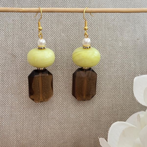 Chunky green and amber dangle earrings