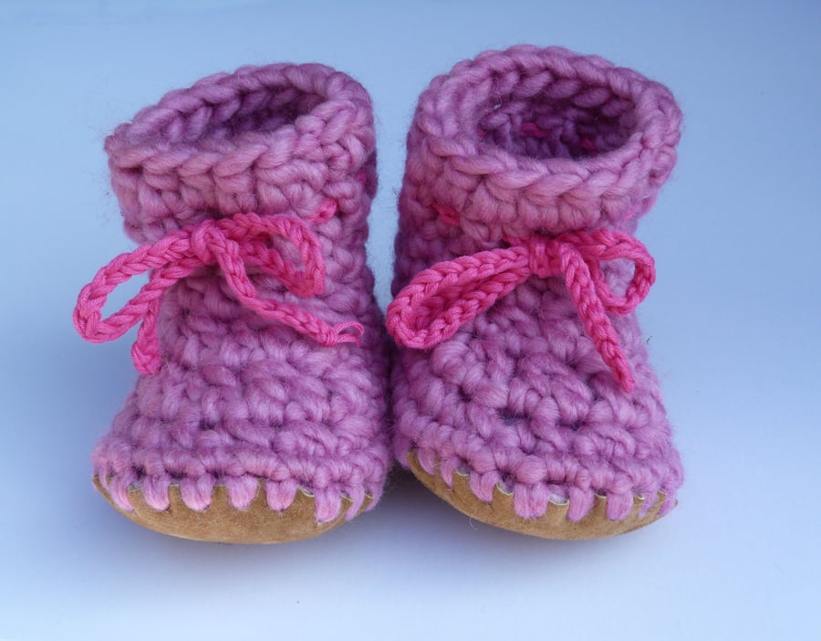Wool & leather baby boots candy pink 1218 Folksy