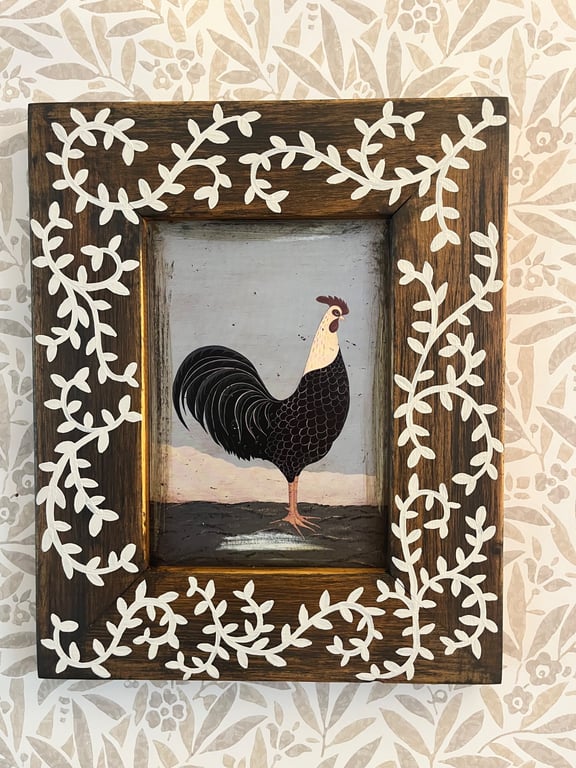 Rustic Upcycled Hand Painted Wooden Frame with Vintage Cockerel Picture