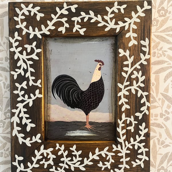 Rustic Upcycled Hand Painted Wooden Frame with Vintage Cockerel Picture