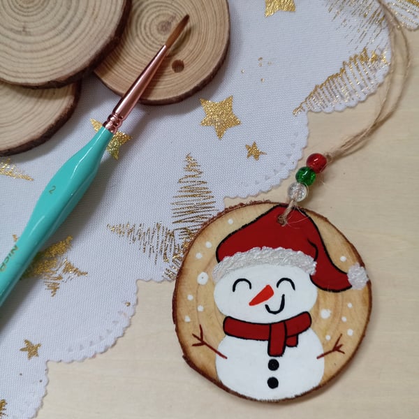 Snowman hanging woodslice decoration 