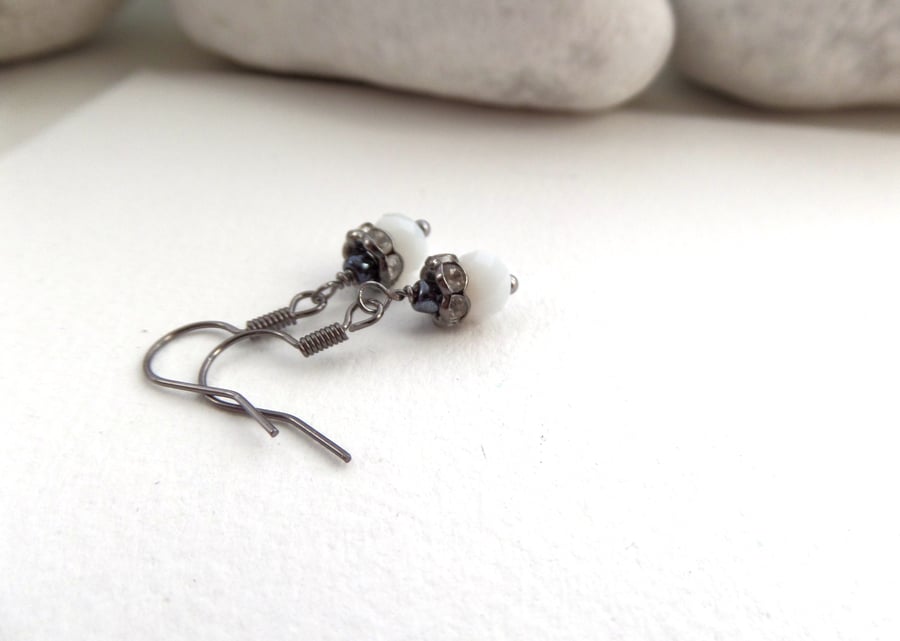 Black and White Earrings, Gunmetal and crystal