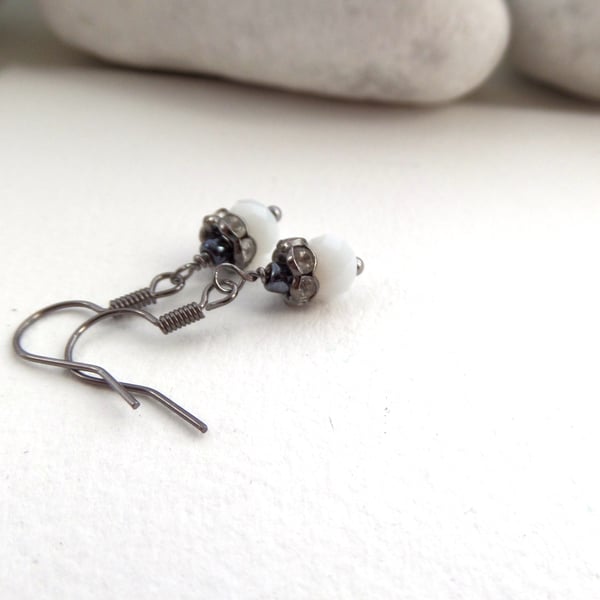 Black and White Earrings, Gunmetal and crystal