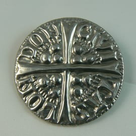 Long Cross Coin pewter brooch