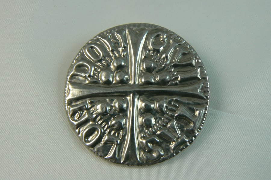 Long Cross Coin pewter brooch