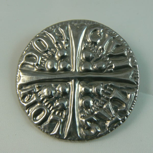 Long Cross Coin pewter brooch