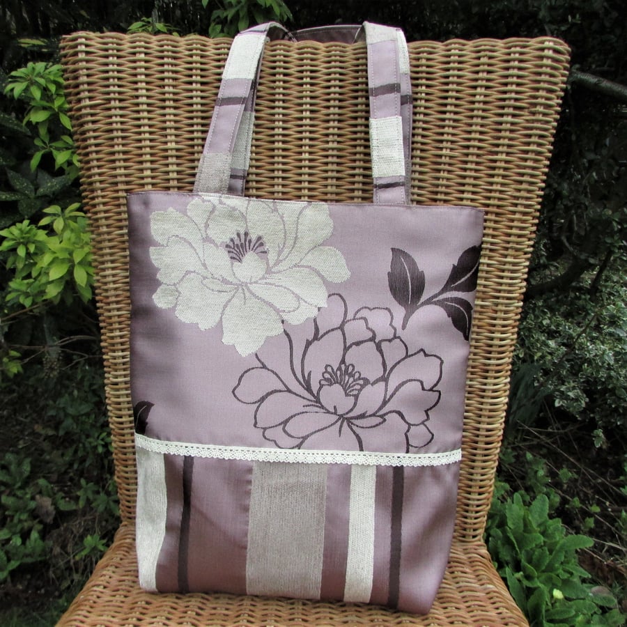 Tote bag - Lilac and plum flowers and stripes