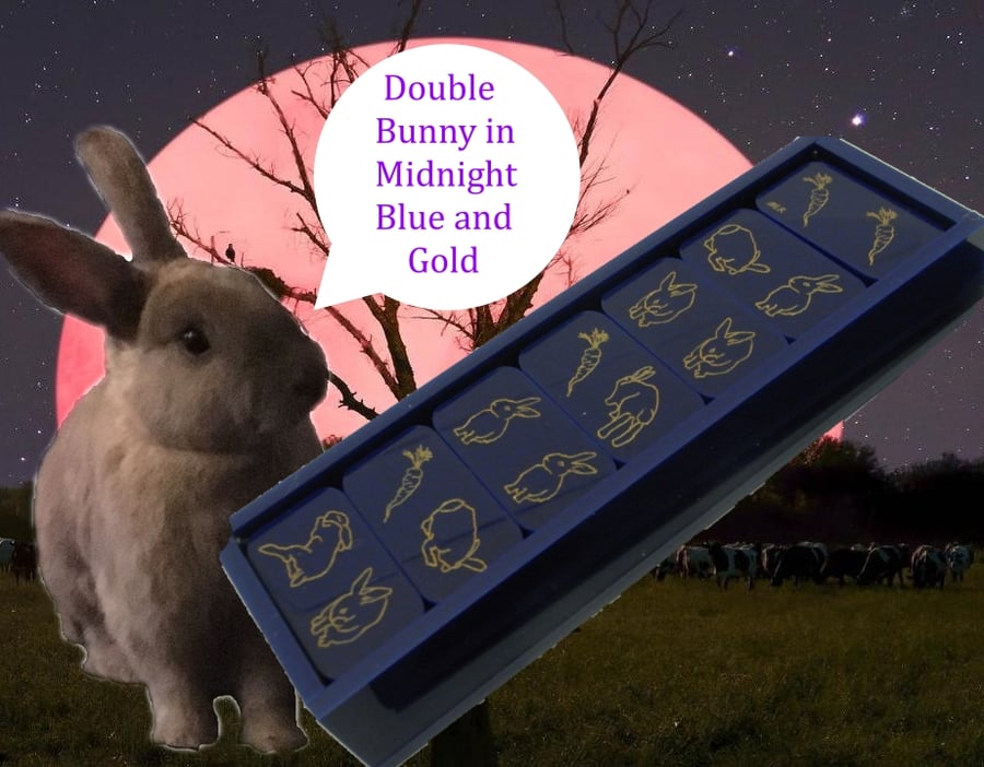 Double Bunny Dominoes  Navy Blue Gold Special Edition, rabbit, bunny lovers gift