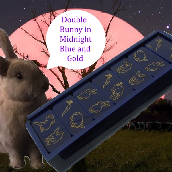 Double Bunny Dominoes  Navy Blue Gold Special Edition, rabbit, bunny lovers gift