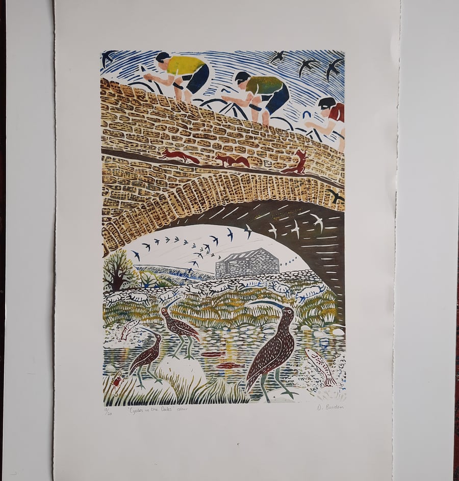 Cycles in the Dales.  Large limited edition full colour linoprint. 