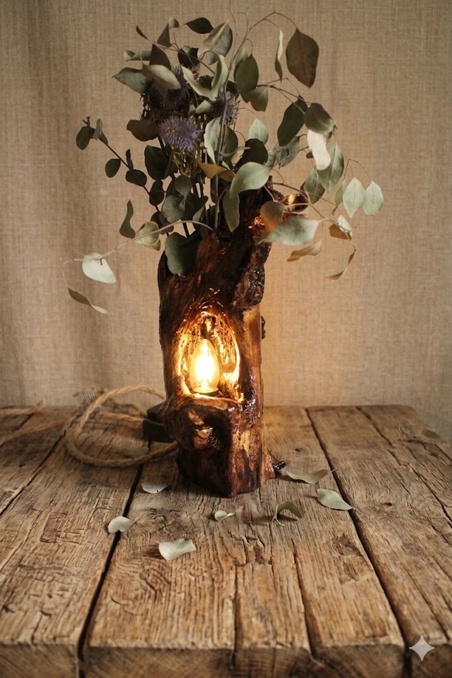 Driftwood Table Lamp ,Handmade Wooden Lamp with Dried Flowers,   Reclaimed Wood