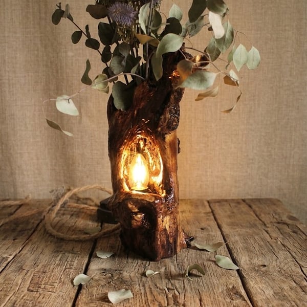 Driftwood Table Lamp ,Handmade Wooden Lamp with Dried Flowers,   Reclaimed Wood