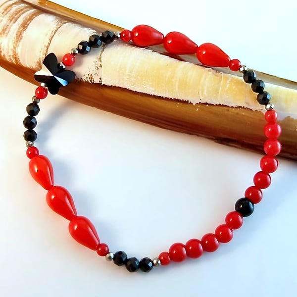 Red Bamboo Coral Bracelet With Black Spinel And Swarovski Butterfly