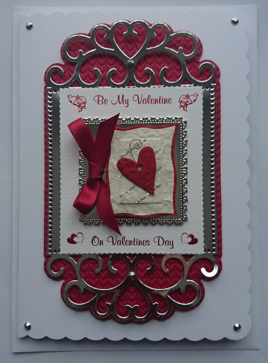 Be My Valentine on Valentine's Day Card Glittery Red Heart 3D Luxury Handmade